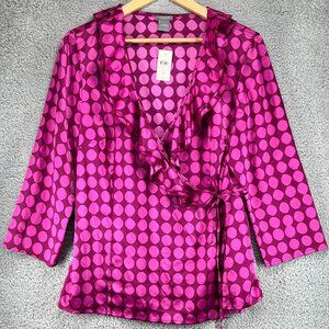 NWT Ann Taylor Purple and Pink Polka Dot Wrap Blouse 3/4 Length Sleeves sz 12